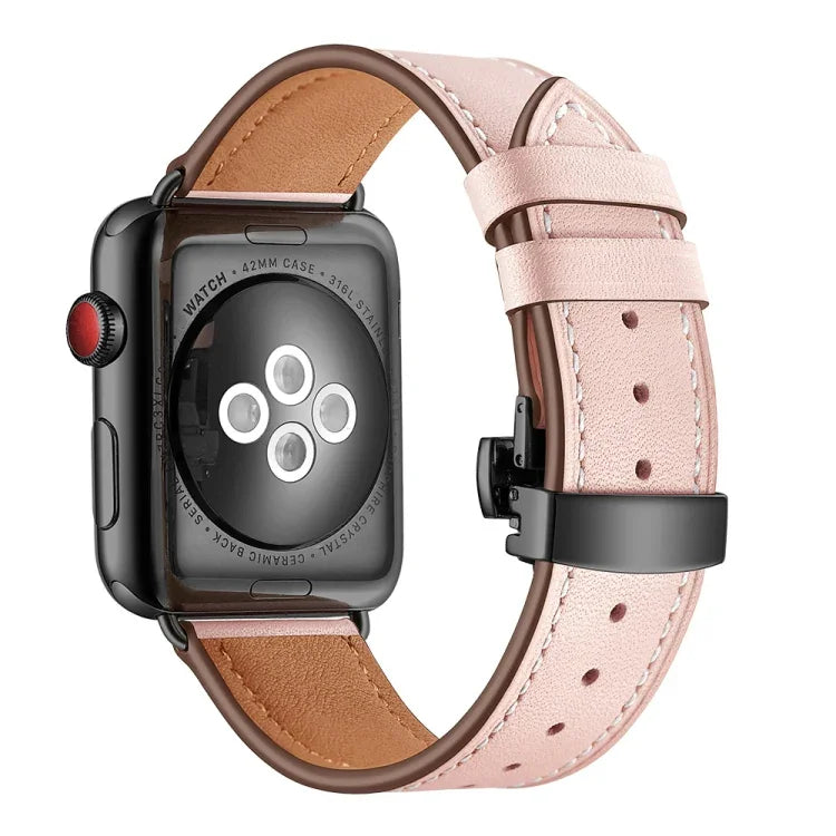 أحزمة ساعات بديلة من الجلد الطبيعي مع إبزيم فراشة أسود لسلسلة Apple Watch 6 و SE و 5 و 4 مقاس 40مم / 3 و 2 و 1 مقاس 38مم، إبزيم أسود لسلسلة Apple Watch 8 و 7 مقاس 41مم / SE 2 و 6 و SE و 5 و 4 مقاس 40مم / 3 و 2 و 1 مقاس 38مم