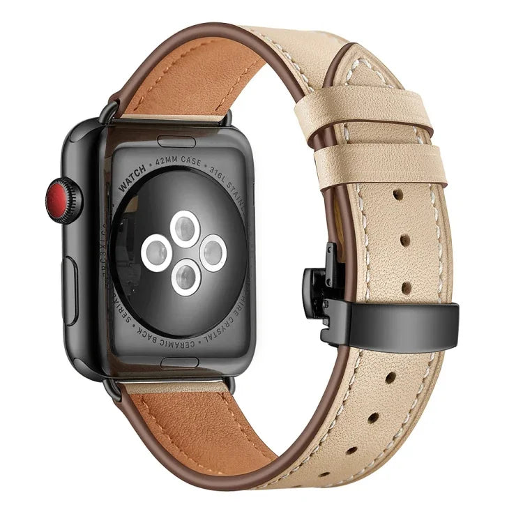 أحزمة ساعات بديلة من الجلد الطبيعي مع إبزيم فراشة أسود لسلسلة Apple Watch 6 و SE و 5 و 4 مقاس 40مم / 3 و 2 و 1 مقاس 38مم، إبزيم أسود لسلسلة Apple Watch 8 و 7 مقاس 41مم / SE 2 و 6 و SE و 5 و 4 مقاس 40مم / 3 و 2 و 1 مقاس 38مم