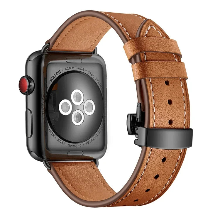 أحزمة ساعات بديلة من الجلد الطبيعي مع إبزيم فراشة أسود لسلسلة Apple Watch 6 و SE و 5 و 4 مقاس 40مم / 3 و 2 و 1 مقاس 38مم، إبزيم أسود لسلسلة Apple Watch 8 و 7 مقاس 41مم / SE 2 و 6 و SE و 5 و 4 مقاس 40مم / 3 و 2 و 1 مقاس 38مم