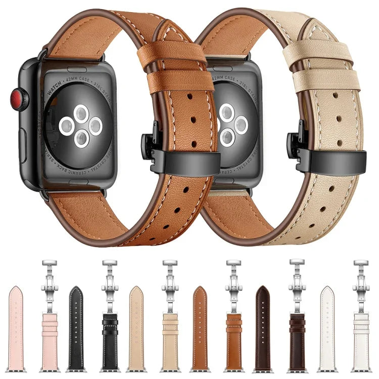 أحزمة ساعات بديلة من الجلد الطبيعي مع إبزيم فراشة أسود لسلسلة Apple Watch 6 و SE و 5 و 4 مقاس 40مم / 3 و 2 و 1 مقاس 38مم، إبزيم أسود لسلسلة Apple Watch 8 و 7 مقاس 41مم / SE 2 و 6 و SE و 5 و 4 مقاس 40مم / 3 و 2 و 1 مقاس 38مم