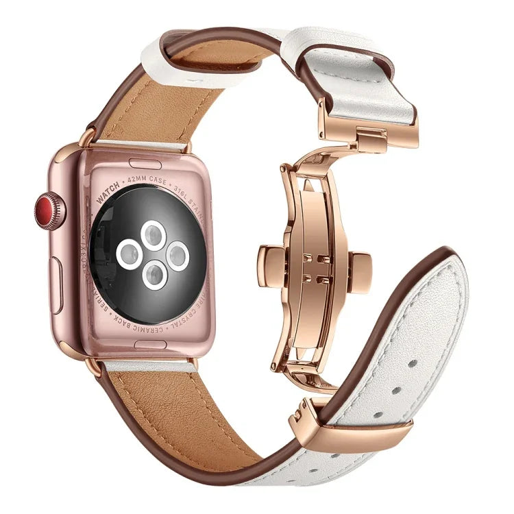 أحزمة ساعات بديلة من الجلد الطبيعي مع إبزيم فراشة ذهبي وردي لسلسلة Apple Watch 6 و SE و 5 و 4 مقاس 40مم / 3 و 2 و 1 مقاس 38مم، إبزيم ذهبي وردي لسلسلة Apple Watch 7 مقاس 41مم / 6 و SE و 5 و 4 مقاس 40مم / 3 و 2 و 1 مقاس 38مم