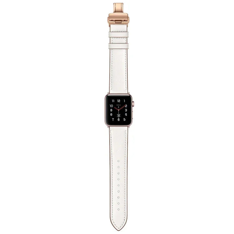 أحزمة ساعات بديلة من الجلد الطبيعي مع إبزيم فراشة ذهبي وردي لسلسلة Apple Watch 6 و SE و 5 و 4 مقاس 40مم / 3 و 2 و 1 مقاس 38مم، إبزيم ذهبي وردي لسلسلة Apple Watch 7 مقاس 41مم / 6 و SE و 5 و 4 مقاس 40مم / 3 و 2 و 1 مقاس 38مم