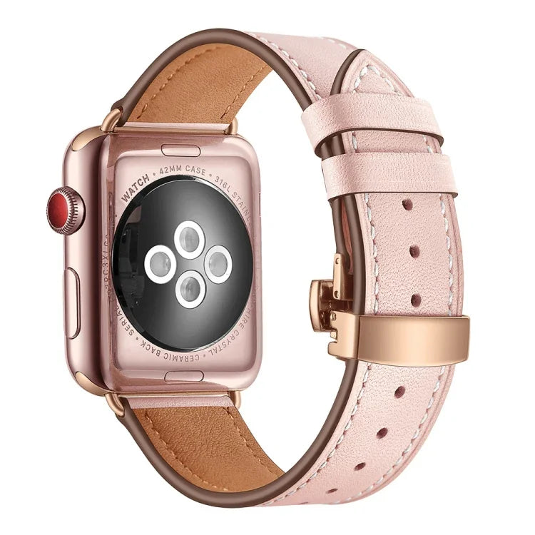 أحزمة ساعات بديلة من الجلد الطبيعي مع إبزيم فراشة ذهبي وردي لسلسلة Apple Watch 6 و SE و 5 و 4 مقاس 40مم / 3 و 2 و 1 مقاس 38مم، إبزيم ذهبي وردي لسلسلة Apple Watch 7 مقاس 41مم / 6 و SE و 5 و 4 مقاس 40مم / 3 و 2 و 1 مقاس 38مم