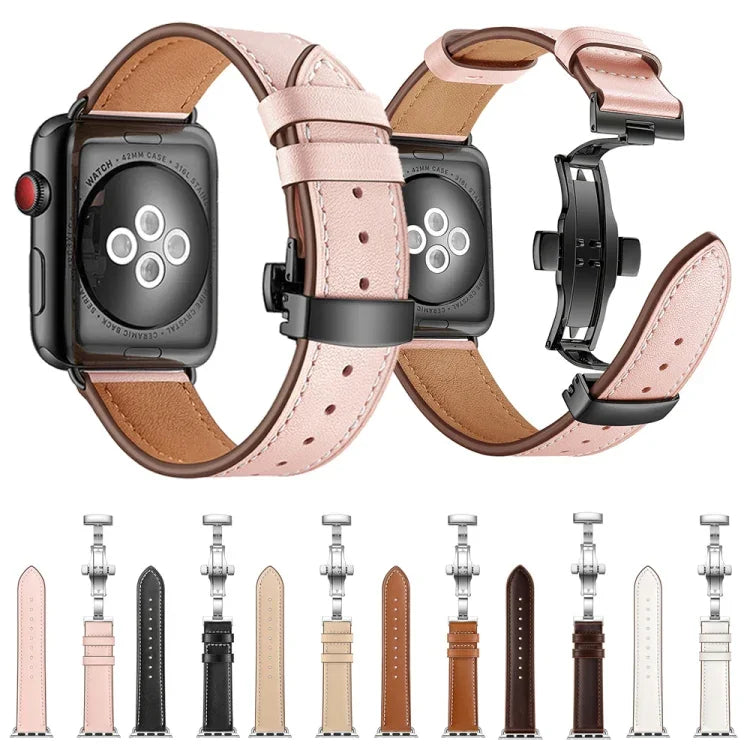 أحزمة ساعات بديلة من الجلد الطبيعي مع إبزيم فراشة ذهبي وردي لسلسلة Apple Watch 6 و SE و 5 و 4 مقاس 40مم / 3 و 2 و 1 مقاس 38مم، إبزيم ذهبي وردي لسلسلة Apple Watch 7 مقاس 41مم / 6 و SE و 5 و 4 مقاس 40مم / 3 و 2 و 1 مقاس 38مم
