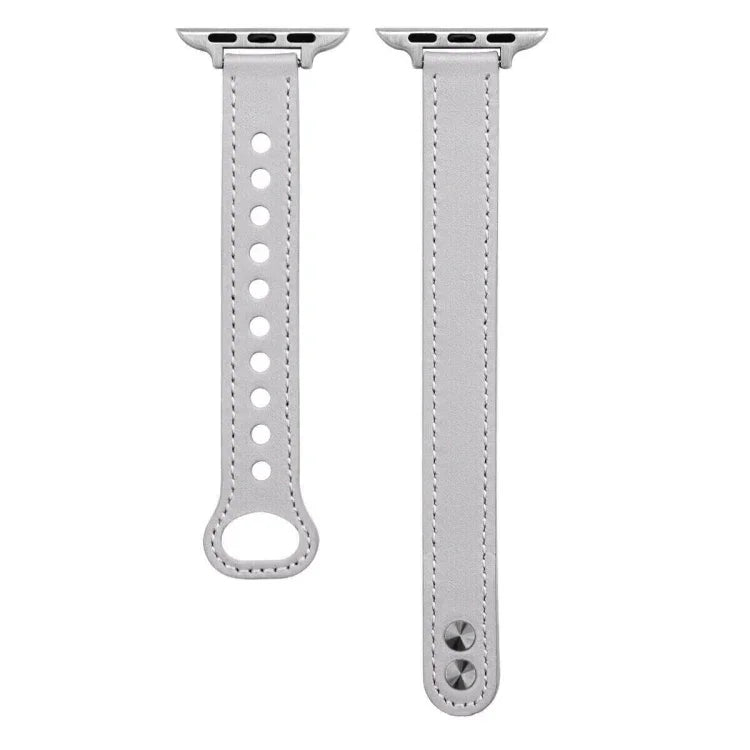 Double Nail Leather Replacement Strap for Apple Watch in gray, adjustable and compatible with various series.