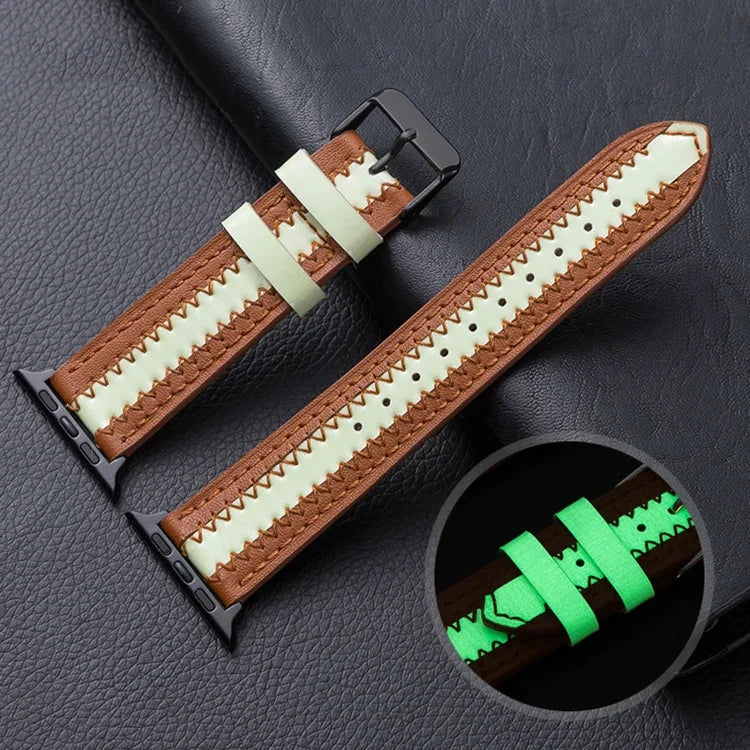 Luminous cowhide leather watch band for Apple Watch, featuring a comfortable design and adjustable length.