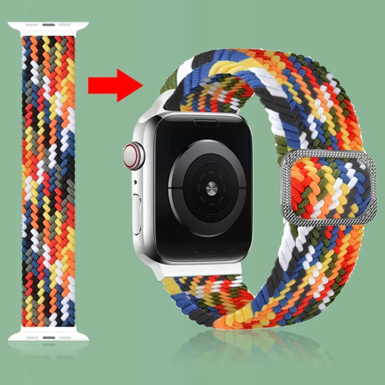 سوار ساعة مطاطي مضفر بإبزيم لسلسلة Apple Watch 9&8&7 مقاس 41مم / SE 3&SE 2&6&SE&5&4 مقاس 40مم / 3&2&1 مقاس 38مم (لون قوس قزح)، لسلسلة Apple Watch 7 مقاس 45مم / 6 & SE & 5 & 4 مقاس 44مم / 3 & 2 & 1 مقاس 42مم