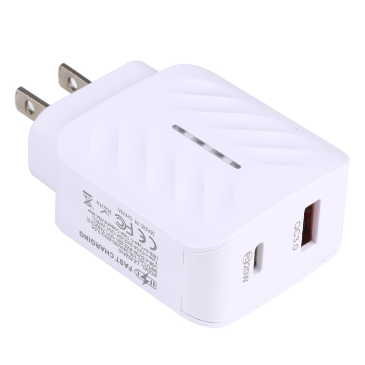 شاحن سفر سريع LZ-822A+C بقوة 20 واط بمنفذ USB-C / Type-C + USB QC 3.0، قابس الولايات المتحدة، قابس الاتحاد الأوروبي