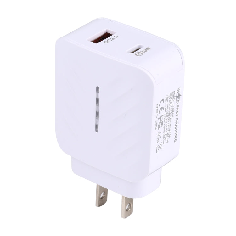 شاحن سفر سريع LZ-822A+C بقوة 20 واط بمنفذ USB-C / Type-C + USB QC 3.0، قابس الولايات المتحدة، قابس الاتحاد الأوروبي