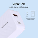 شاحن سفر سريع LZ-822A+C بقوة 20 واط بمنفذ USB-C / Type-C + USB QC 3.0، قابس الولايات المتحدة، قابس الاتحاد الأوروبي