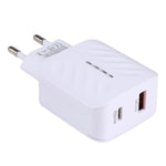 شاحن سفر سريع LZ-822A+C بقوة 20 واط بمنفذ USB-C / Type-C + USB QC 3.0، قابس الولايات المتحدة، قابس الاتحاد الأوروبي