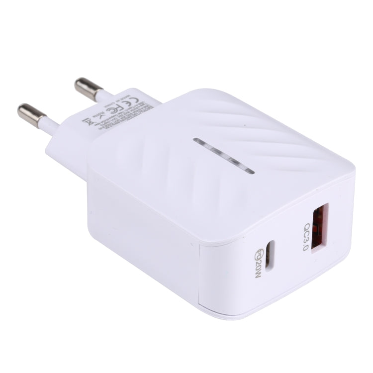 شاحن سفر سريع LZ-822A+C بقوة 20 واط بمنفذ USB-C / Type-C + USB QC 3.0، قابس الولايات المتحدة، قابس الاتحاد الأوروبي