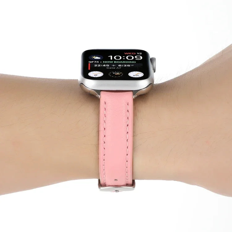 سوار ساعة رفيع من الجلد الطبيعي بعرض 14مم لسلسلة Apple Watch، 7 مقاس 45مم / 6 & SE & 5 & 4 مقاس 44مم / 3 & 2 & 1 مقاس 42مم، 7 مقاس 41مم / 6 & SE & 5 & 4 مقاس 40مم / 3 & 2 & 1 مقاس 38مم