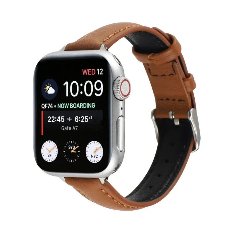 سوار ساعة رفيع من الجلد الطبيعي بعرض 14مم لسلسلة Apple Watch، 7 مقاس 45مم / 6 & SE & 5 & 4 مقاس 44مم / 3 & 2 & 1 مقاس 42مم، 7 مقاس 41مم / 6 & SE & 5 & 4 مقاس 40مم / 3 & 2 & 1 مقاس 38مم