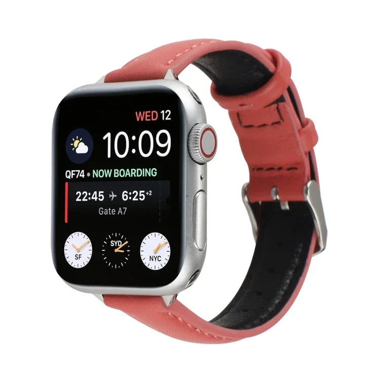 سوار ساعة رفيع من الجلد الطبيعي بعرض 14مم لسلسلة Apple Watch، 7 مقاس 45مم / 6 & SE & 5 & 4 مقاس 44مم / 3 & 2 & 1 مقاس 42مم، 7 مقاس 41مم / 6 & SE & 5 & 4 مقاس 40مم / 3 & 2 & 1 مقاس 38مم