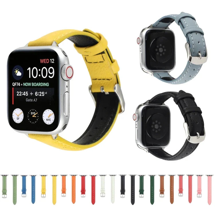 سوار ساعة رفيع من الجلد الطبيعي بعرض 14مم لسلسلة Apple Watch، 7 مقاس 45مم / 6 & SE & 5 & 4 مقاس 44مم / 3 & 2 & 1 مقاس 42مم، 7 مقاس 41مم / 6 & SE & 5 & 4 مقاس 40مم / 3 & 2 & 1 مقاس 38مم