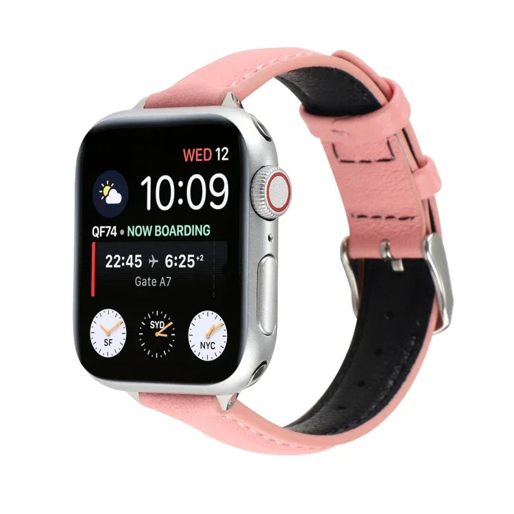 سوار ساعة رفيع من الجلد الطبيعي بعرض 14مم لسلسلة Apple Watch، 7 مقاس 45مم / 6 & SE & 5 & 4 مقاس 44مم / 3 & 2 & 1 مقاس 42مم، 7 مقاس 41مم / 6 & SE & 5 & 4 مقاس 40مم / 3 & 2 & 1 مقاس 38مم
