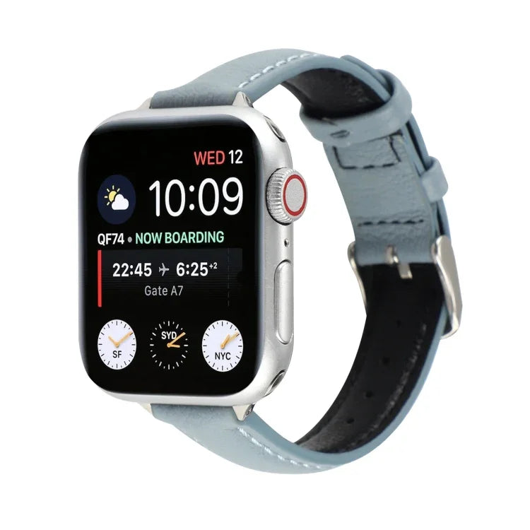 سوار ساعة رفيع من الجلد الطبيعي بعرض 14مم لسلسلة Apple Watch، 7 مقاس 45مم / 6 & SE & 5 & 4 مقاس 44مم / 3 & 2 & 1 مقاس 42مم، 7 مقاس 41مم / 6 & SE & 5 & 4 مقاس 40مم / 3 & 2 & 1 مقاس 38مم