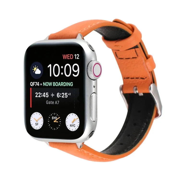 سوار ساعة رفيع من الجلد الطبيعي بعرض 14مم لسلسلة Apple Watch، 7 مقاس 45مم / 6 & SE & 5 & 4 مقاس 44مم / 3 & 2 & 1 مقاس 42مم، 7 مقاس 41مم / 6 & SE & 5 & 4 مقاس 40مم / 3 & 2 & 1 مقاس 38مم