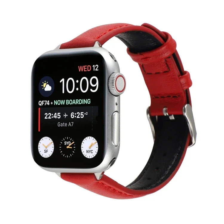 سوار ساعة رفيع من الجلد الطبيعي بعرض 14مم لسلسلة Apple Watch، 7 مقاس 45مم / 6 & SE & 5 & 4 مقاس 44مم / 3 & 2 & 1 مقاس 42مم، 7 مقاس 41مم / 6 & SE & 5 & 4 مقاس 40مم / 3 & 2 & 1 مقاس 38مم