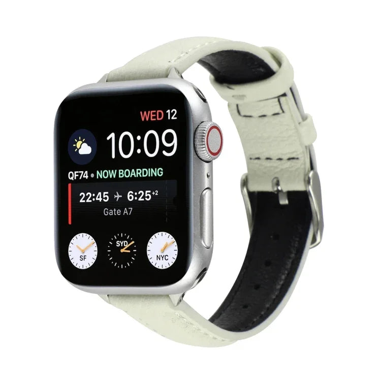 سوار ساعة رفيع من الجلد الطبيعي بعرض 14مم لسلسلة Apple Watch، 7 مقاس 45مم / 6 & SE & 5 & 4 مقاس 44مم / 3 & 2 & 1 مقاس 42مم، 7 مقاس 41مم / 6 & SE & 5 & 4 مقاس 40مم / 3 & 2 & 1 مقاس 38مم