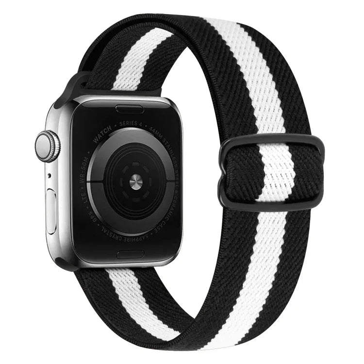 Nylon replacement strap for Apple Watch with black and white stripes, compatible with various Apple Watch models.