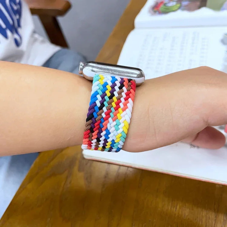 أحزمة ساعة بديلة مضفرة بألوان قوس قزح بحلقة واحدة، الحجم: L 165مم لسلسلة Apple Watch 6 و SE و 5 و 4 بمقاس 44مم / 3 و 2 و 1 بمقاس 42مم، L 165مم 44مم / 42مم