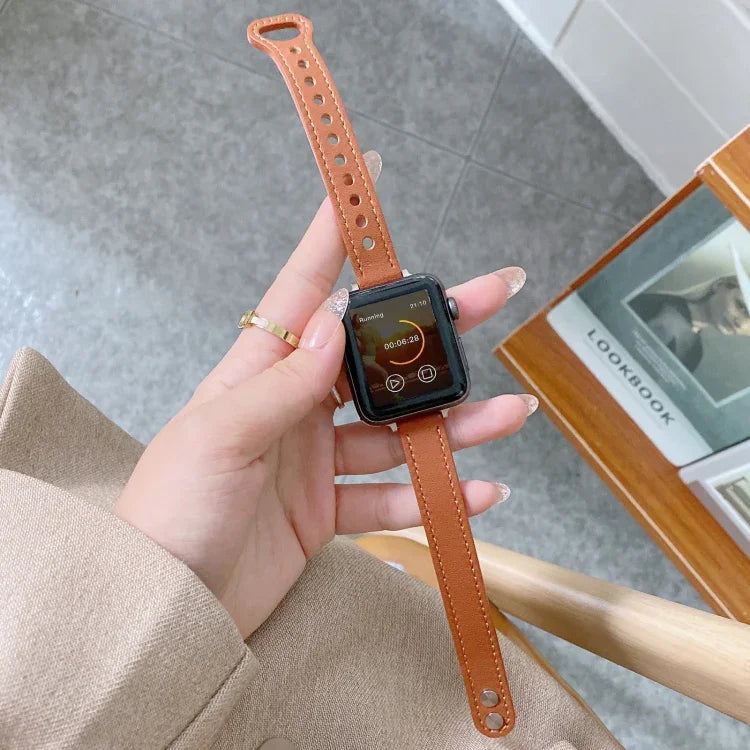 سوار ساعة من الجلد الطبيعي مع إبزيم مزدوج المسامير لسلسلة Apple Watch، 7 مقاس 45مم / 6 و SE و 5 و 4 مقاس 44مم / 3 و 2 و 1 مقاس 42مم، 7 مقاس 41مم / 6 و SE و 5 و 4 مقاس 40مم / 3 و 2 و 1 مقاس 38مم