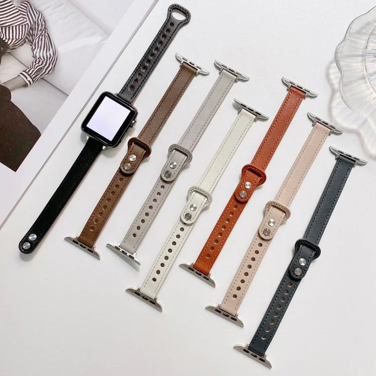 سوار ساعة من الجلد الطبيعي مع إبزيم مزدوج المسامير لسلسلة Apple Watch، 7 مقاس 45مم / 6 و SE و 5 و 4 مقاس 44مم / 3 و 2 و 1 مقاس 42مم، 7 مقاس 41مم / 6 و SE و 5 و 4 مقاس 40مم / 3 و 2 و 1 مقاس 38مم