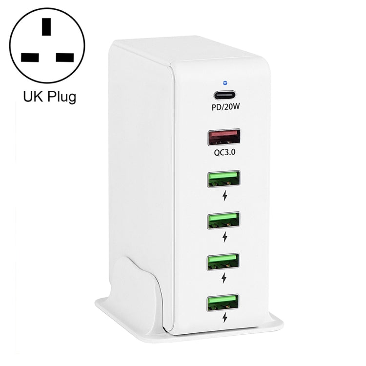 شاحن سفر متعدد المنافذ 6 في 1 بقوة 65 واط PD USB-C / Type-C + USB QC 3.0 + 4 منافذ USB، قابس الولايات المتحدة، قابس الاتحاد الأوروبي، قابس المملكة المتحدة، قابس أستراليا
