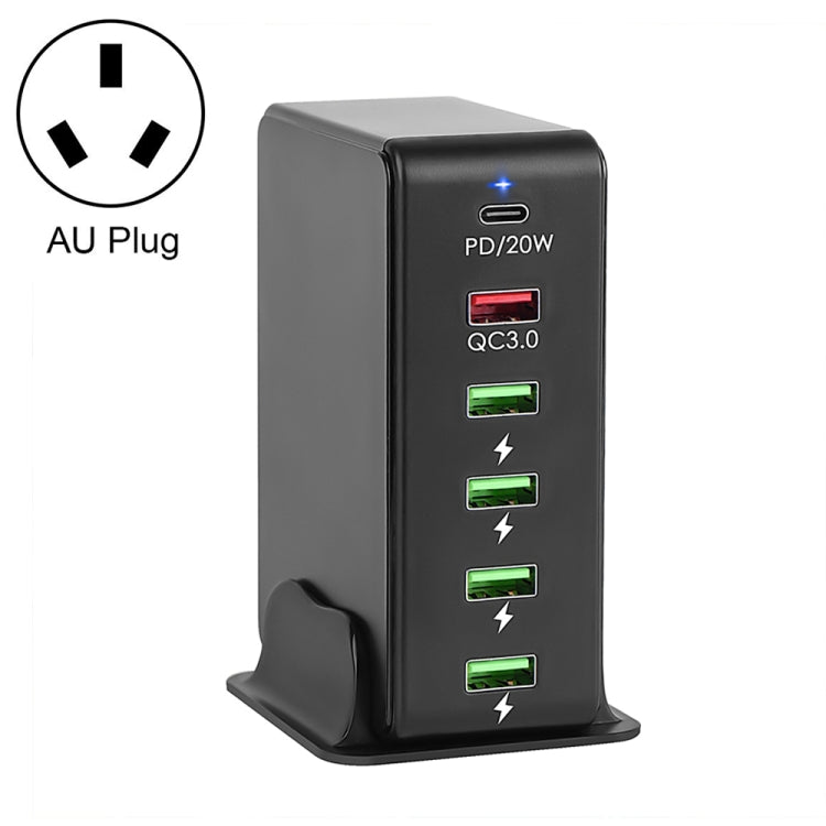 شاحن سفر متعدد المنافذ 6 في 1 بقوة 65 واط PD USB-C / Type-C + USB QC 3.0 + 4 منافذ USB، قابس الولايات المتحدة، قابس الاتحاد الأوروبي، قابس المملكة المتحدة، قابس أستراليا