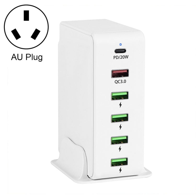 شاحن سفر متعدد المنافذ 6 في 1 بقوة 65 واط PD USB-C / Type-C + USB QC 3.0 + 4 منافذ USB، قابس الولايات المتحدة، قابس الاتحاد الأوروبي، قابس المملكة المتحدة، قابس أستراليا