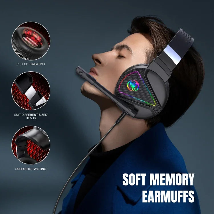 سماعة رأس ألعاب HXSJ F16 ستيريو مع إضاءة RGB ومنفذ 3.5 مم + USB مع ميكروفون