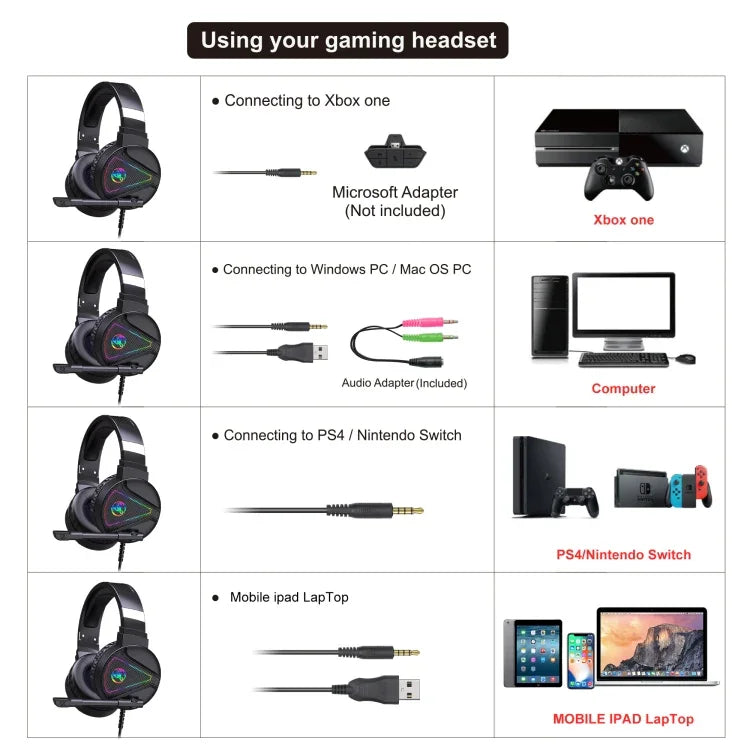 سماعة رأس ألعاب HXSJ F16 ستيريو مع إضاءة RGB ومنفذ 3.5 مم + USB مع ميكروفون