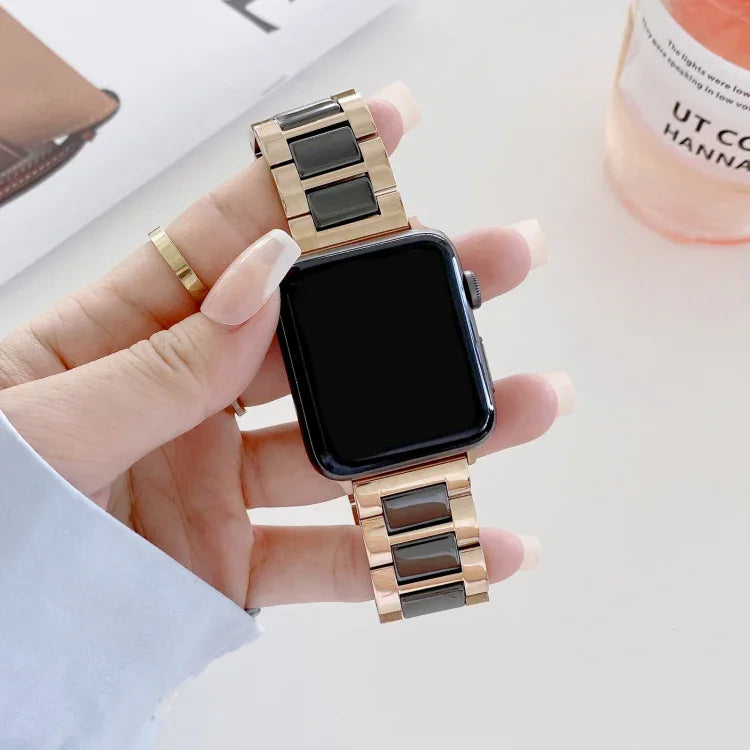 سوار بديل بعرض 22مم من السيراميك والفولاذ بثلاث خرزات لسلسلة Apple Watch، 7 41مم / 6 و SE و 5 و 4 40مم / 3 و 2 و 1 38مم، 7 45مم / 6 و SE و 5 و 4 44مم / 3 و 2 و 1 42مم