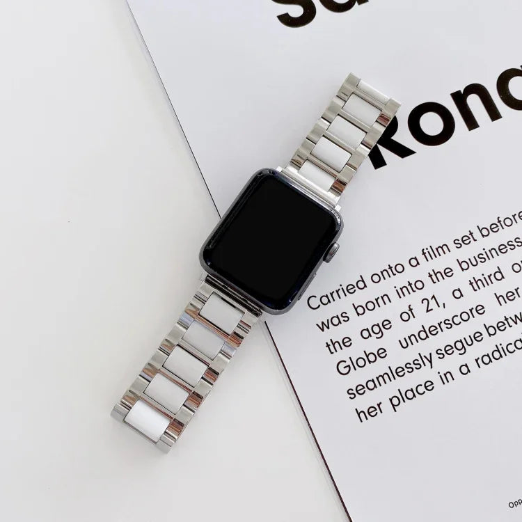 سوار بديل بعرض 22مم من السيراميك والفولاذ بثلاث خرزات لسلسلة Apple Watch، 7 41مم / 6 و SE و 5 و 4 40مم / 3 و 2 و 1 38مم، 7 45مم / 6 و SE و 5 و 4 44مم / 3 و 2 و 1 42مم