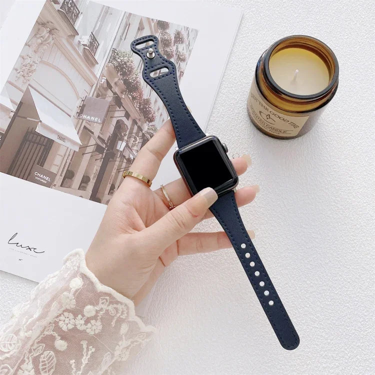 سوار ساعة بديل من الجلد مع إبزيم عكسي بشكل 8 للخصر الصغير لسلسلة Apple Watch، 7 مقاس 41مم / 6 و SE و 5 و 4 مقاس 40مم / 3 و 2 و 1 مقاس 38مم، 7 مقاس 45مم / 6 و SE و 5 و 4 مقاس 44مم / 3 و 2 و 1 مقاس 42مم