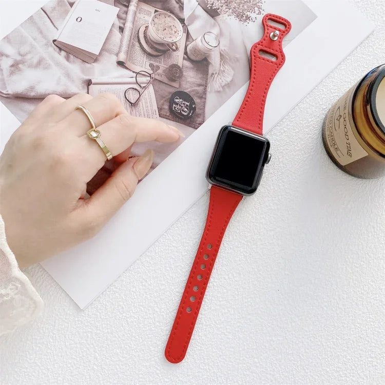 سوار ساعة بديل من الجلد مع إبزيم عكسي بشكل 8 للخصر الصغير لسلسلة Apple Watch، 7 مقاس 41مم / 6 و SE و 5 و 4 مقاس 40مم / 3 و 2 و 1 مقاس 38مم، 7 مقاس 45مم / 6 و SE و 5 و 4 مقاس 44مم / 3 و 2 و 1 مقاس 42مم