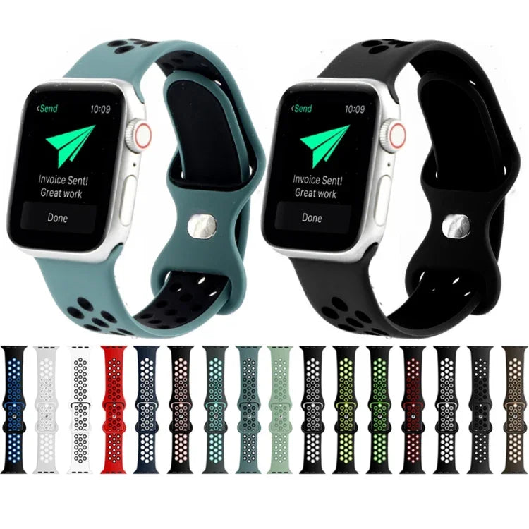 سوار ساعة بديل من السيليكون السائل ثنائي اللون مع إبزيم فراشة لسلسلة Apple Watch، 7 مقاس 41مم / 6 و SE و 5 و 4 مقاس 40مم / 3 و 2 و 1 مقاس 38مم، 7 مقاس 45مم / 6 و SE و 5 و 4 مقاس 44مم / 3 و 2 و 1 مقاس 42مم