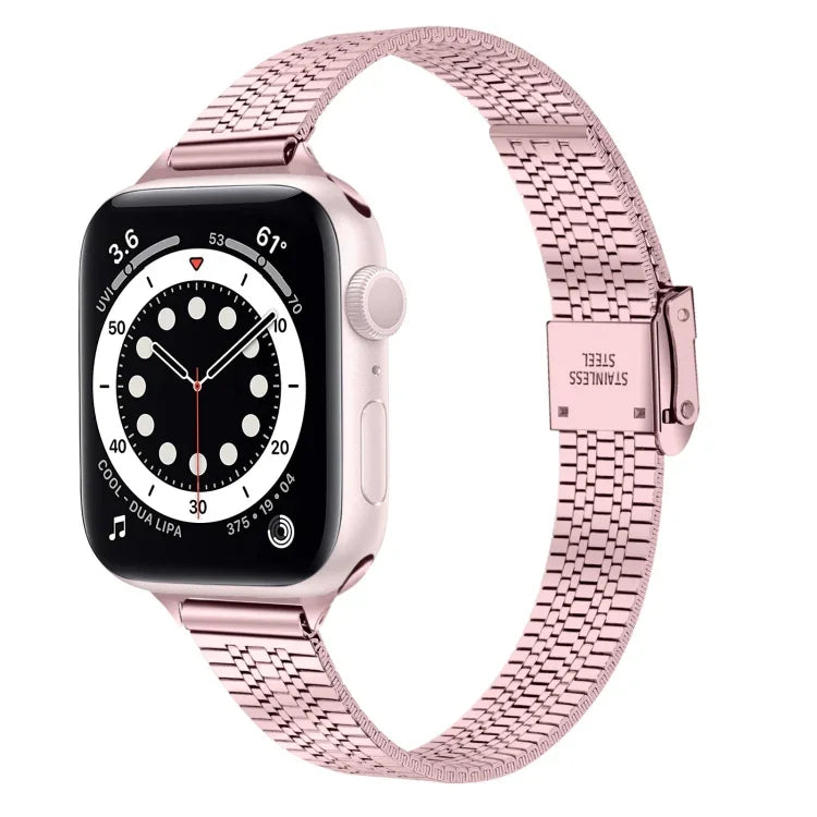 حزام ساعة بديل من الفولاذ الرفيع مع إبزيم أمان مزدوج وسبع خرزات مقاس 14mm لسلسلة Apple Watch، 7 مقاس 41mm / 6 & SE & 5 & 4 مقاس 40mm / 3 & 2 & 1 مقاس 38mm، 7 مقاس 45mm / 6 & SE & 5 & 4 مقاس 44mm / 3 & 2 & 1 مقاس 42mm