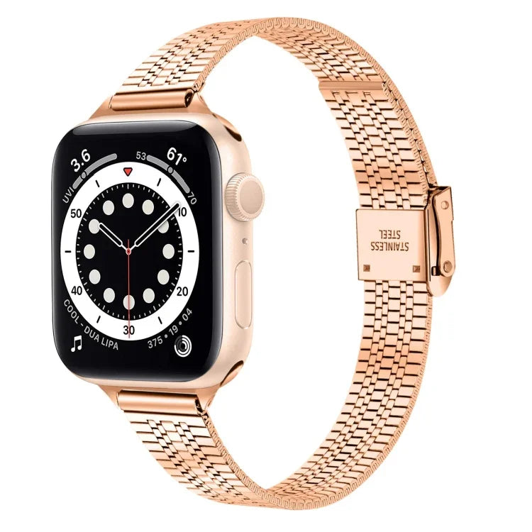 حزام ساعة بديل من الفولاذ الرفيع مع إبزيم أمان مزدوج وسبع خرزات مقاس 14mm لسلسلة Apple Watch، 7 مقاس 41mm / 6 & SE & 5 & 4 مقاس 40mm / 3 & 2 & 1 مقاس 38mm، 7 مقاس 45mm / 6 & SE & 5 & 4 مقاس 44mm / 3 & 2 & 1 مقاس 42mm