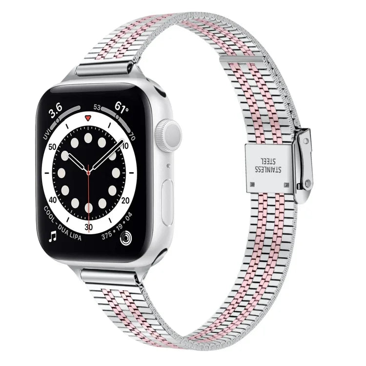 حزام ساعة بديل من الفولاذ الرفيع مع إبزيم أمان مزدوج وسبع خرزات مقاس 14mm لسلسلة Apple Watch، 7 مقاس 41mm / 6 & SE & 5 & 4 مقاس 40mm / 3 & 2 & 1 مقاس 38mm، 7 مقاس 45mm / 6 & SE & 5 & 4 مقاس 44mm / 3 & 2 & 1 مقاس 42mm