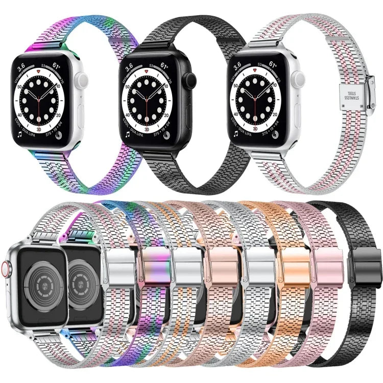 حزام ساعة بديل من الفولاذ الرفيع مع إبزيم أمان مزدوج وسبع خرزات مقاس 14mm لسلسلة Apple Watch، 7 مقاس 41mm / 6 & SE & 5 & 4 مقاس 40mm / 3 & 2 & 1 مقاس 38mm، 7 مقاس 45mm / 6 & SE & 5 & 4 مقاس 44mm / 3 & 2 & 1 مقاس 42mm