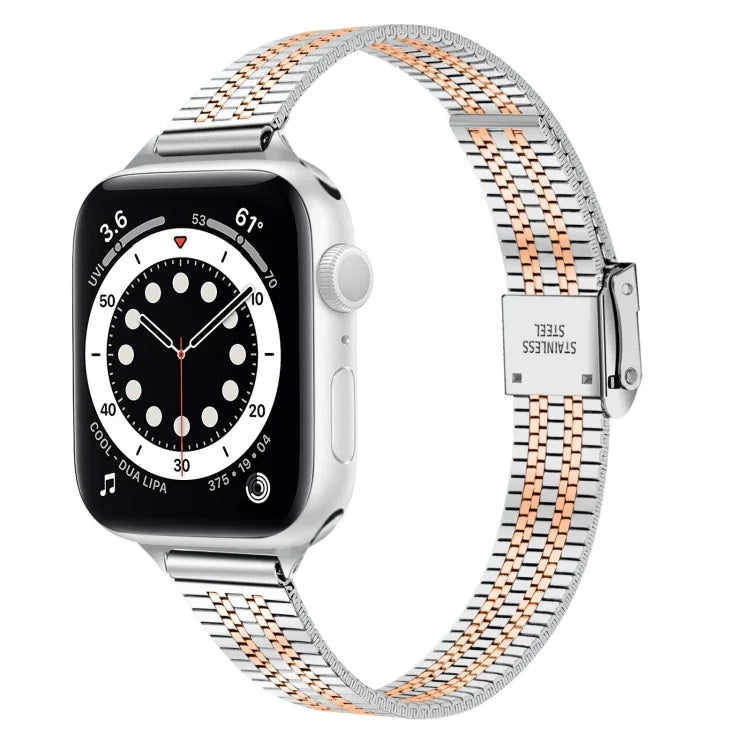 حزام ساعة بديل من الفولاذ الرفيع مع إبزيم أمان مزدوج وسبع خرزات مقاس 14mm لسلسلة Apple Watch، 7 مقاس 41mm / 6 & SE & 5 & 4 مقاس 40mm / 3 & 2 & 1 مقاس 38mm، 7 مقاس 45mm / 6 & SE & 5 & 4 مقاس 44mm / 3 & 2 & 1 مقاس 42mm