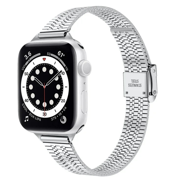 حزام ساعة بديل من الفولاذ الرفيع مع إبزيم أمان مزدوج وسبع خرزات مقاس 14mm لسلسلة Apple Watch، 7 مقاس 41mm / 6 & SE & 5 & 4 مقاس 40mm / 3 & 2 & 1 مقاس 38mm، 7 مقاس 45mm / 6 & SE & 5 & 4 مقاس 44mm / 3 & 2 & 1 مقاس 42mm