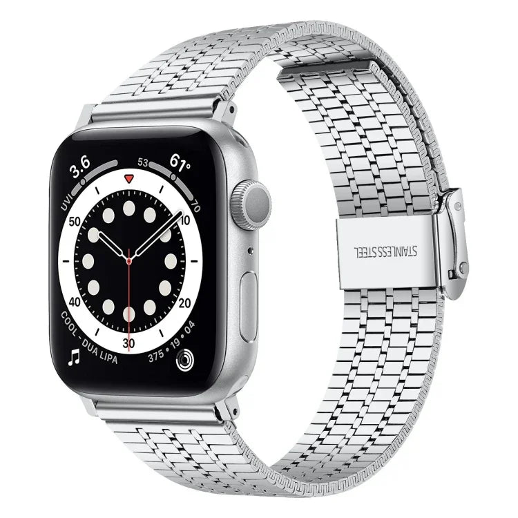 حزام ساعة بديل من الفولاذ مع إبزيم أمان مزدوج وسبع خرزات لسلسلة Apple Watch، 7 مقاس 41mm / 6 & SE & 5 & 4 مقاس 40mm / 3 & 2 & 1 مقاس 38mm، 7 مقاس 45mm / 6 & SE & 5 & 4 مقاس 44mm / 3 & 2 & 1 مقاس 42mm