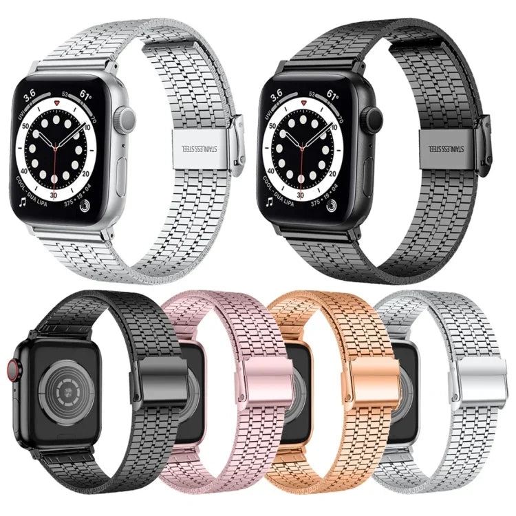 حزام ساعة بديل من الفولاذ مع إبزيم أمان مزدوج وسبع خرزات لسلسلة Apple Watch، 7 مقاس 41mm / 6 & SE & 5 & 4 مقاس 40mm / 3 & 2 & 1 مقاس 38mm، 7 مقاس 45mm / 6 & SE & 5 & 4 مقاس 44mm / 3 & 2 & 1 مقاس 42mm
