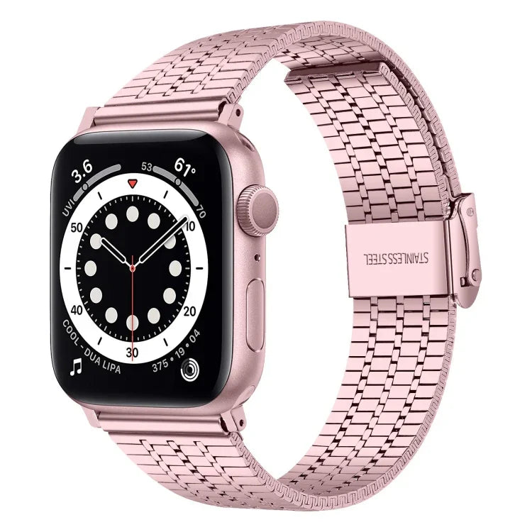 حزام ساعة بديل من الفولاذ مع إبزيم أمان مزدوج وسبع خرزات لسلسلة Apple Watch، 7 مقاس 41mm / 6 & SE & 5 & 4 مقاس 40mm / 3 & 2 & 1 مقاس 38mm، 7 مقاس 45mm / 6 & SE & 5 & 4 مقاس 44mm / 3 & 2 & 1 مقاس 42mm