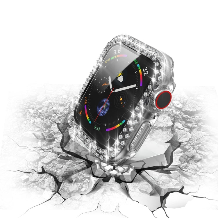 غطاء حماية من PC مطلي بالكهرباء مع صفين من الألماس وفيلم زجاج مقسى لسلسلة Apple Watch، لسلسلة Apple Watch 6 / 5 / 4 / Watch SE بمقاس 40 مم، ولسلسلة Apple Watch 6 / 5 / 4 / Watch SE بمقاس 44 مم