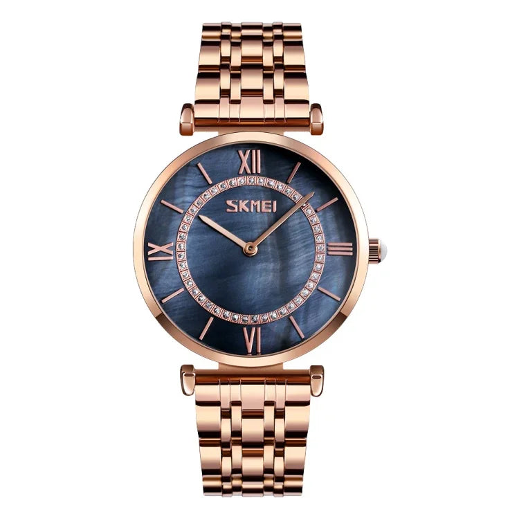 SKMEI 9198 Simple Roman Numeral Dial Metal Belt Quartz Watch for Couples